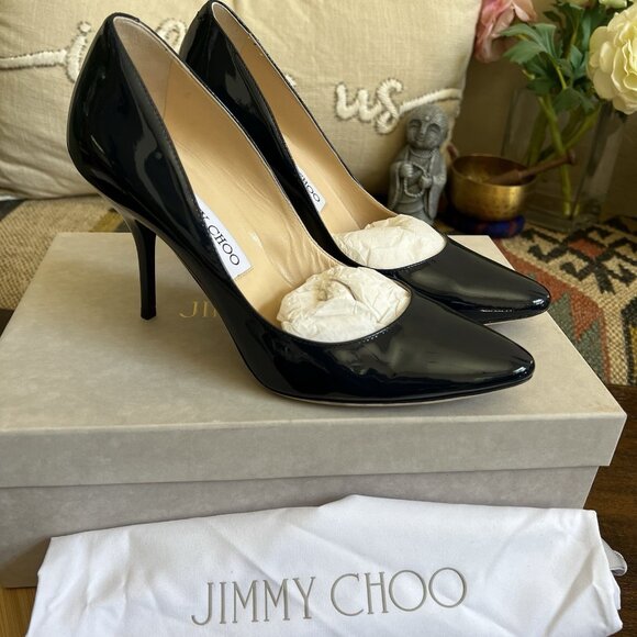 Jimmy Choo Shoes - Jimmy Choo MEI Navy Patent Leather Almond Toe Pump Heels